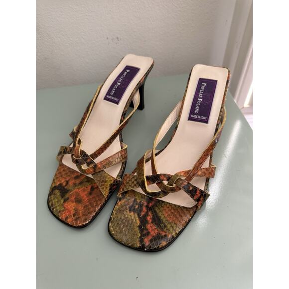 Phyllis Poland Italian Kitten Heels Y2K Multicolor Snakeskin Snake Sandal Sz 8 - Picture 1 of 8
